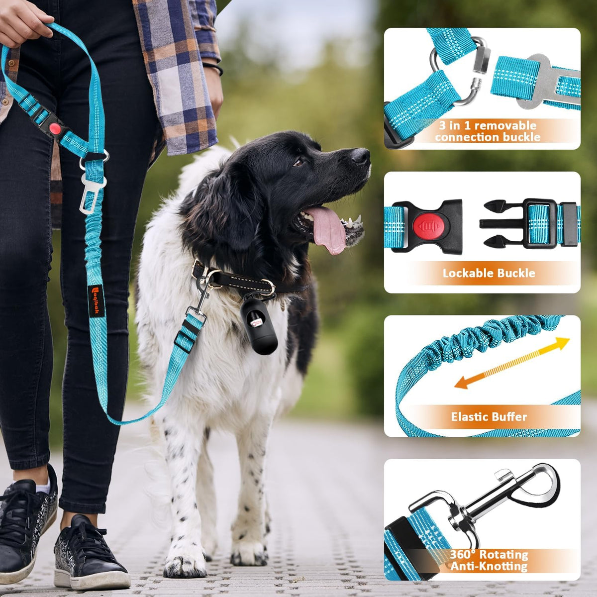 Removable Dog Seat Belt Harness for Car, 3 in 1 Pet Dog Car Seatbelt Leash, Retractable Restraint Secures to Vehicle Headrest & Adjustable Reflective Bungee Dog Seatbelt Tether, Blue