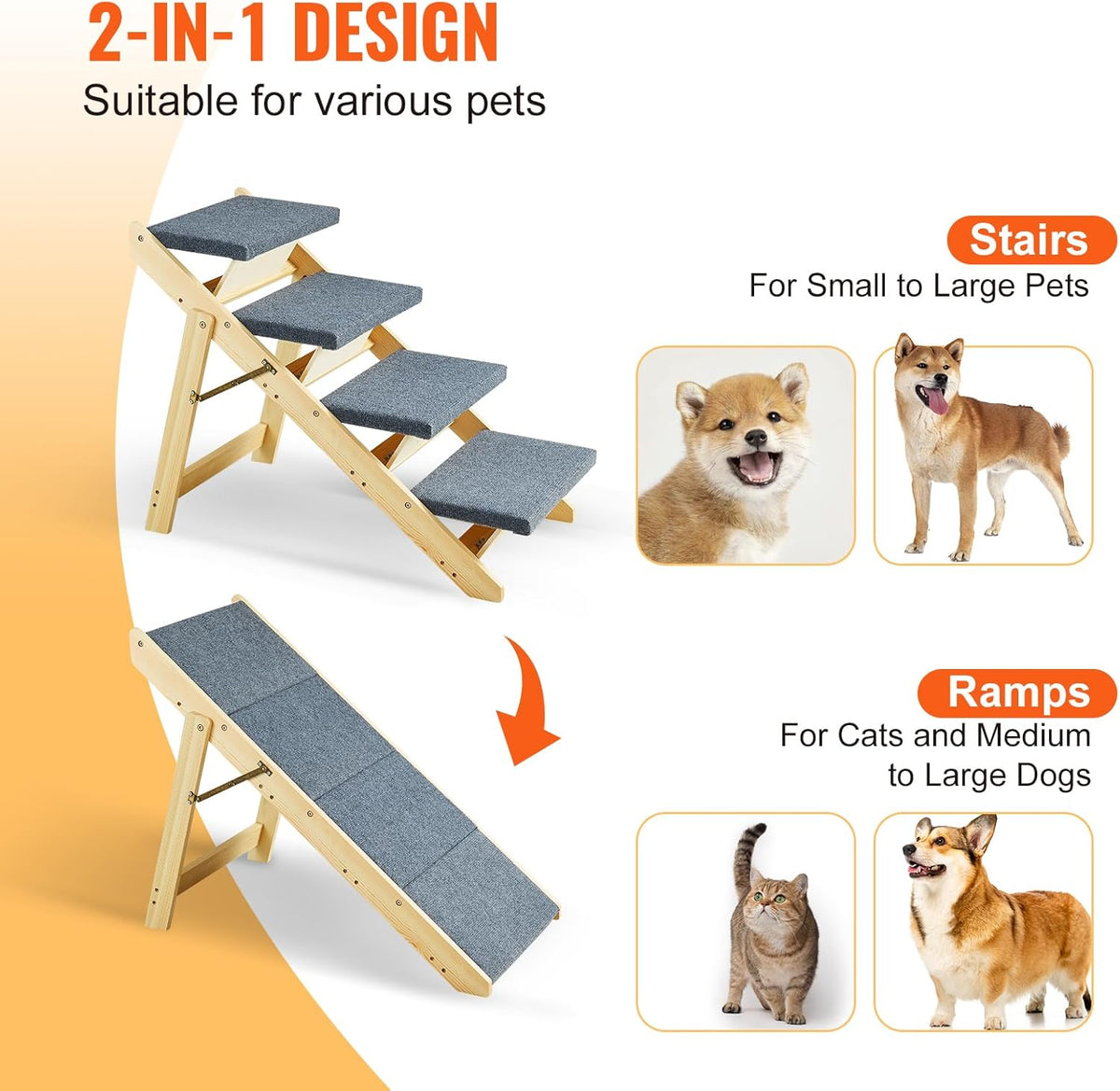 VEVOR Wood Pet Stairs/Pet Steps, 2-in-1 Foldable Wooden Dog Stair for Beds, Sofa and Cars, Dog Stairs & Ramp with 4 Steps for Small Medium Large Pet, up to 150 lbs