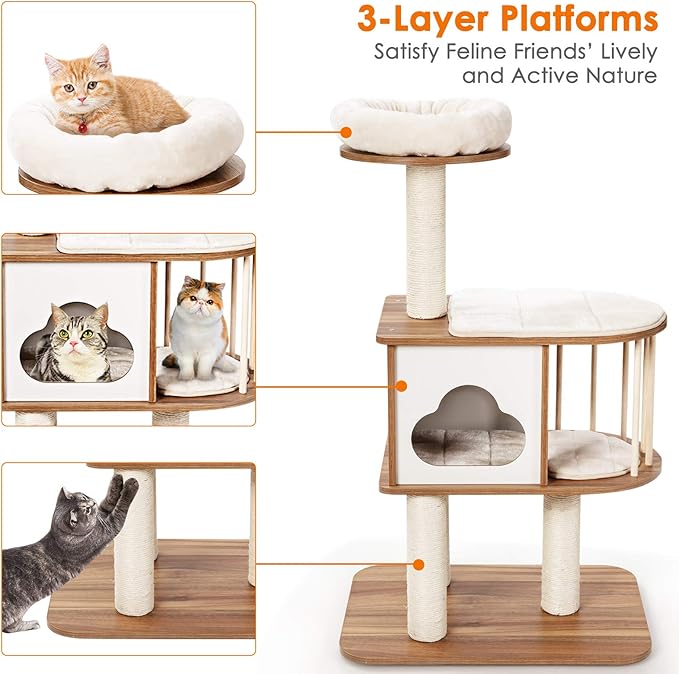 Tangkula Modern Wood Cat Tree, 46 Inches Cat Tower with Platform, Cat Activity Center with Scratching Posts and Washable Cushions, Wooden Cat Condo Furniture for Kittens and Cats (Natural)