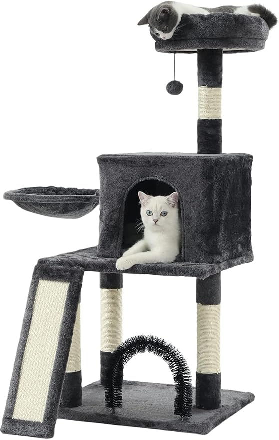 HOOPET 44IN Cat Tree for Indoor Cats - Multi-Level Cat Tower with Hammock, Condo, Scratching Posts, Self-Grooming Brush & Play Ball - Space-Saving Cat Furniture for Small Apartments