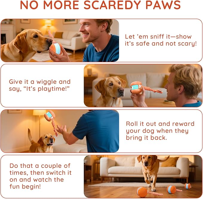 Interactive Dog Toys, Random Path Electric Automatic Moving and Rolling Dogs Toy with Rope for Small Medium Large Dogs, Motion-Activated Dog Stimulation Toy for Boredom Relief (Orange)