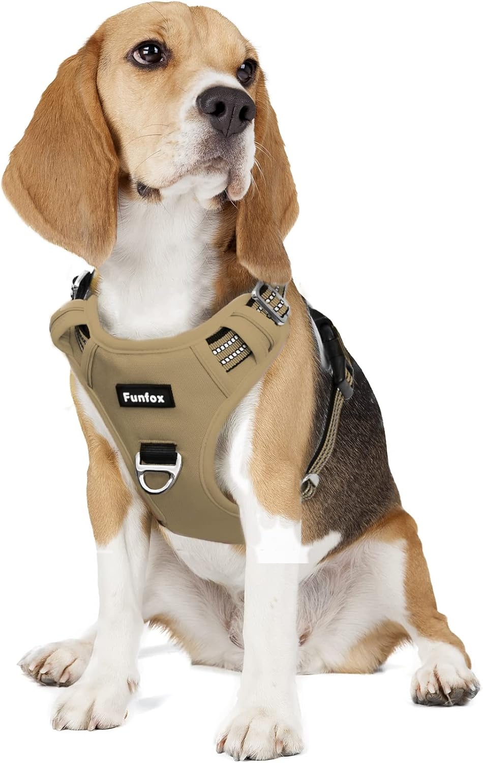 Funfox Dog Harness No Pull, Adjustable Pet Vest Harness, Super Soft Material with Vertical Handle Easy Control, Reflective Night Walking, 2 Leash Clips for Medium Sized Dogs, Brown, M