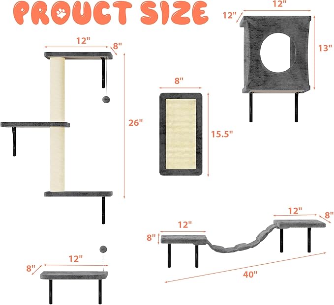 NUNU LAB Cat Wall Shelves Set, 5 Pcs Wall-Mounted Cat Climber with Condo House, Bridge Ladder, Scratching Post, Indoor Cat Furniture Set, Gray