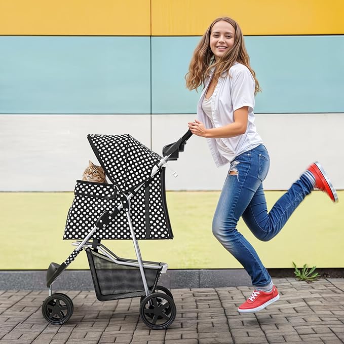 MoNiBloom 3 Wheels Pet Dog Cat Stroller for Small Medium Dogs Cats, Foldable Jogger Stroller w/Storage Basket and Cup Holder, Black Polka Dots