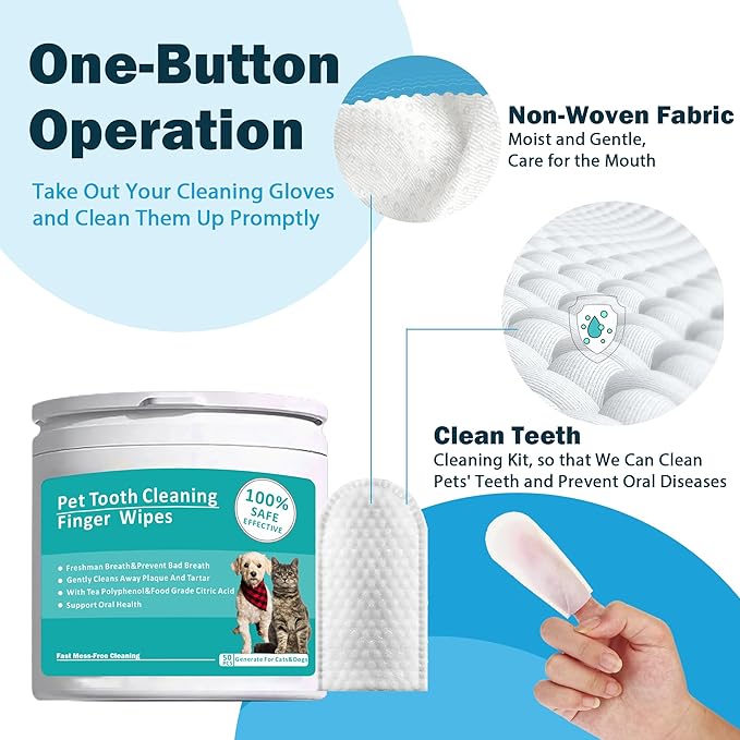 Teeth Cleaning Wipes for Pets 50Pcs ，Dog & Cat Teeth Cleaning Wipes，Pet Teeth Cleaning Finger Mitt Dental Wipe，Pet Teeth Cleaning Finger Wipes，Natural Formula Finger Grooming Wipe for Pets