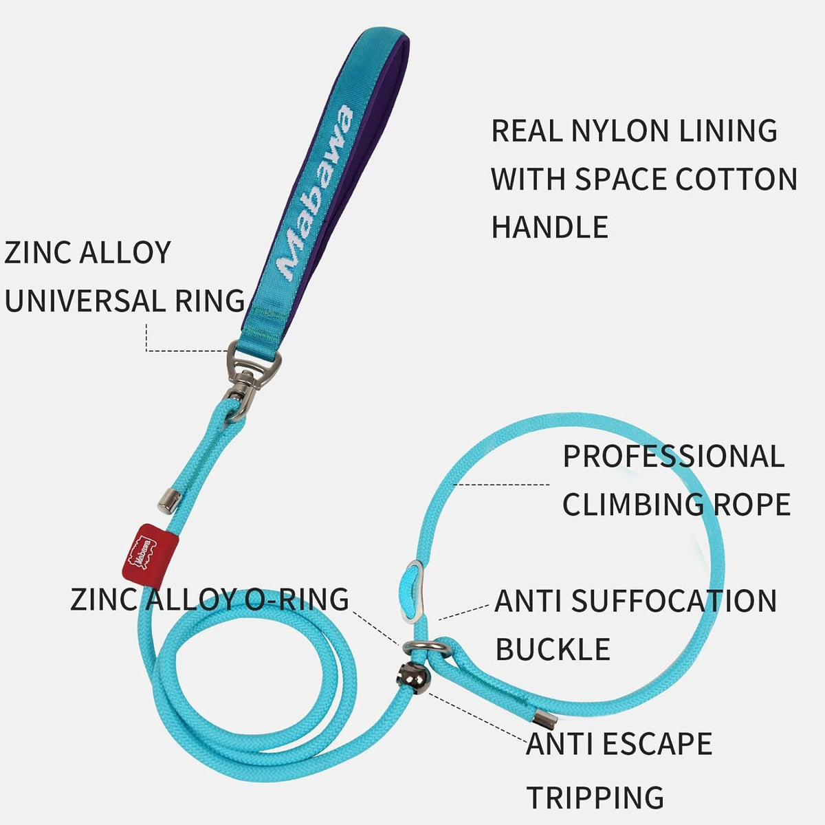 Dog Anti-Slip Leash 5FT with Metal Stopper - Durable No-Pull Training Lead for Small, Medium & Large Dogs - Comfortable Handle Nylon Rope, Tangle-Free Pet Walking Leash (Lake Blue, 5 FT)