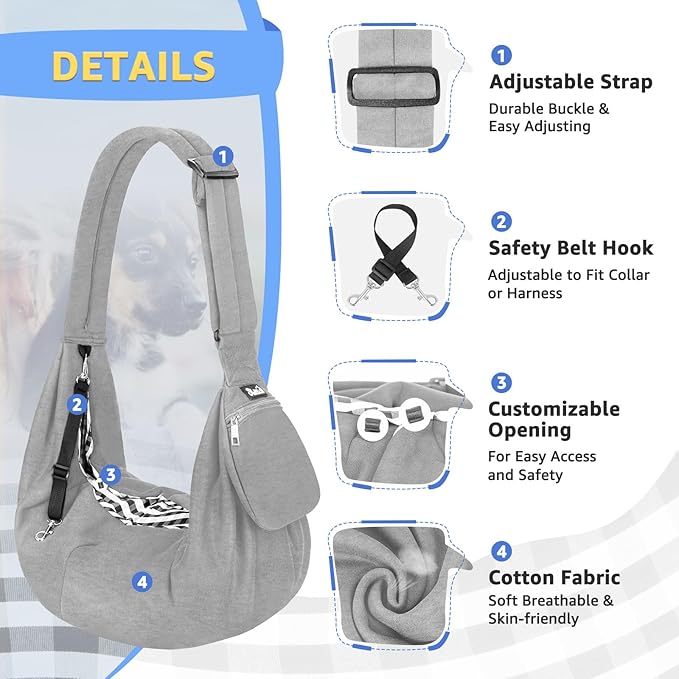 Lukovee Pet Sling, Hand Free Dog Sling Carrier Adjustable Padded Strap Tote Bag, Shoulder Bag with Safety Belt & Front Pocket for Small Dog Cat Puppy (Grey-WY,M)