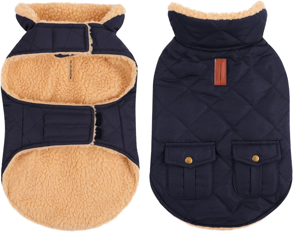 Queenmore Warm Puffer Dog Coat, Quilting Winter Jacket Ultra Thick Plush Lining with Storage Pockets (Dark Navy, Small)