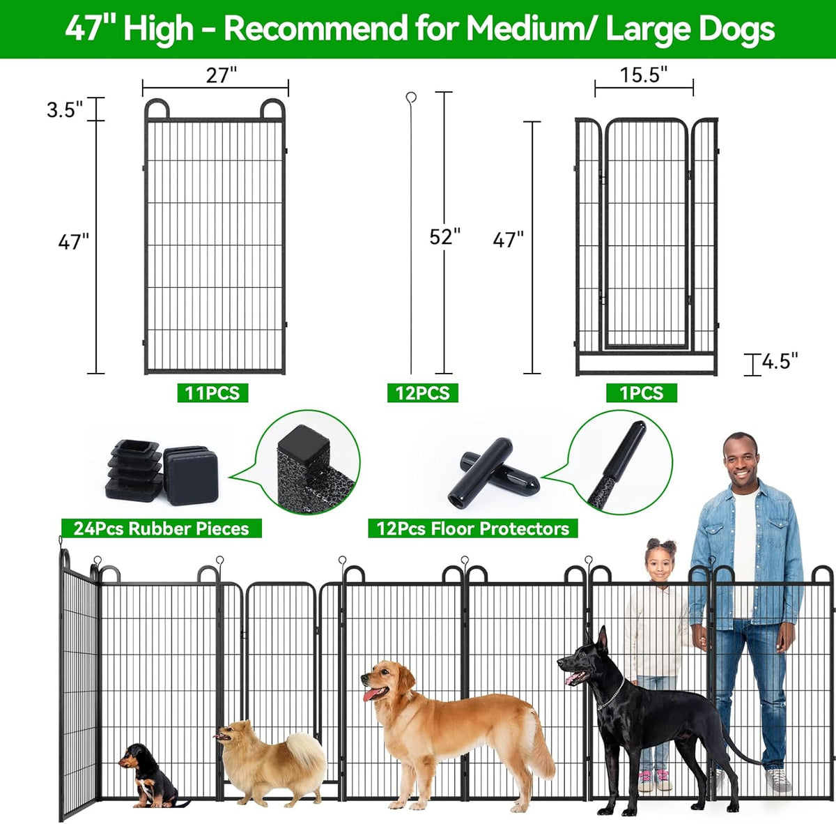 Dog Playpen Outdoor 12 Panels Heavy Duty Dog Fence 47" Height Anti-Rust with Doors Portable for RV Camping Yard, Total 27FT, 58 Sq.ft, Snowy Black