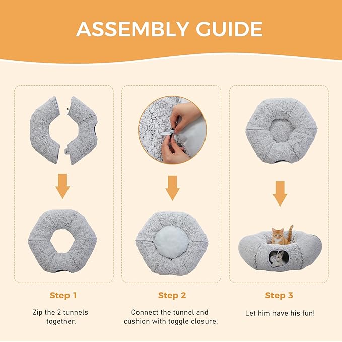 PEQULTI Cat Tunnel with Bed for Indoor Cats, Cat Play Donut Tunnel with Washable Soft Plush Mat, Round Cat Tunnel Toys Cute Cat Tube for Kittens, Puppies, Rabbits and Ferrets, Grey