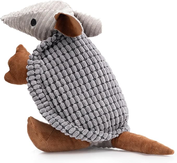 Hollypet Plush Dog Squeaky Toy Stuffed Armadillo Animal Pet Puppy Chew Toys with Clean Teeth for Small Medium Large All Breed Sizes Dogs, Dark Gray, 10 in