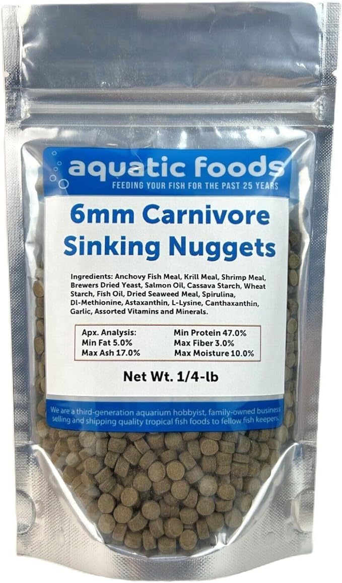 Aquatic Foods Inc. 6mm - 1/4" Carnivore Sinking Pellets for Cichlids, Catfish, Monster Fish, Bottom Fish & Koi - 1/4-lb Foil Pouch Bag