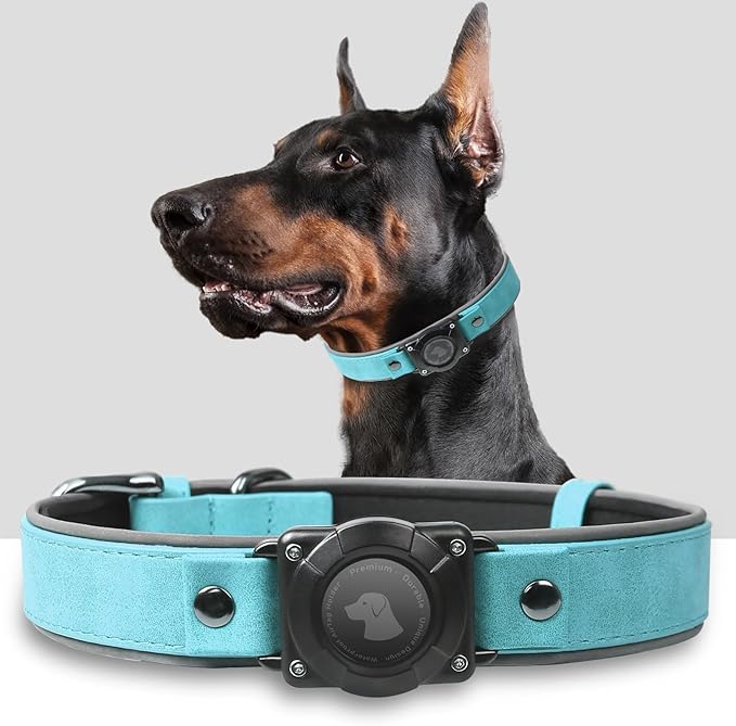 AirTag Dog Collar - Leather Dog Collar with Air Tag Holder | IPX8 Waterproof, Reflective, High - End, Adjustable Soft Padded | Dog GPS Tracker Collars Fit for Medium Large Dogs (Light Blue, L)