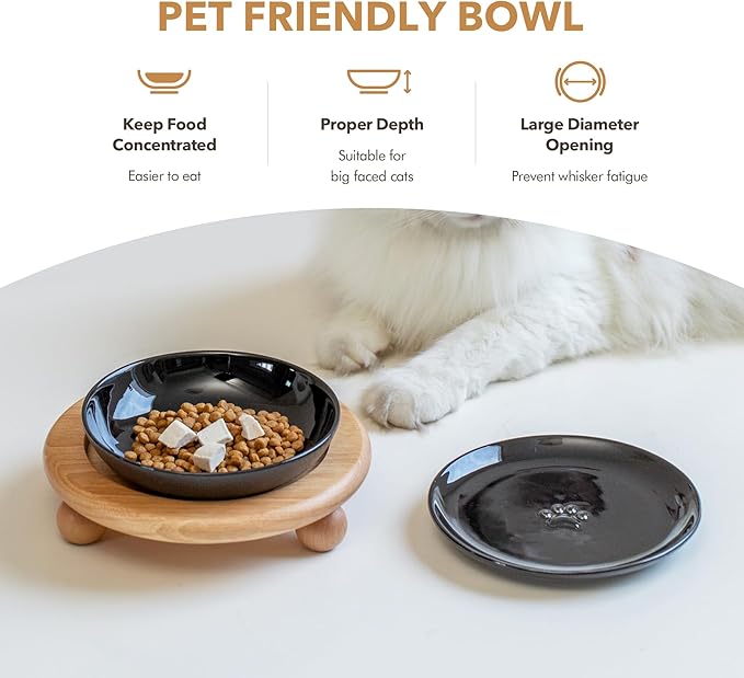 Raised Ceramic Wide Whisker Friendly Cat Dishes, Food&Water Bowl with 2 Style Stand Adjustable Pet Bowl Set(1Dish+1Shallow Dish+Stand, Black