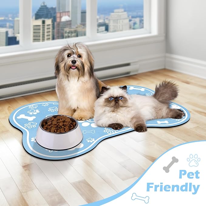 Dog Cat Mat for Food and Water,Rapid Absorbent Pet Feeding Mat, Bone Shaped Dog Placemat Bowl Mat with Rubber Backing,No Stains Pet Food Mats Indoor, Pet Accessories Supplies,Blue 12"×18"