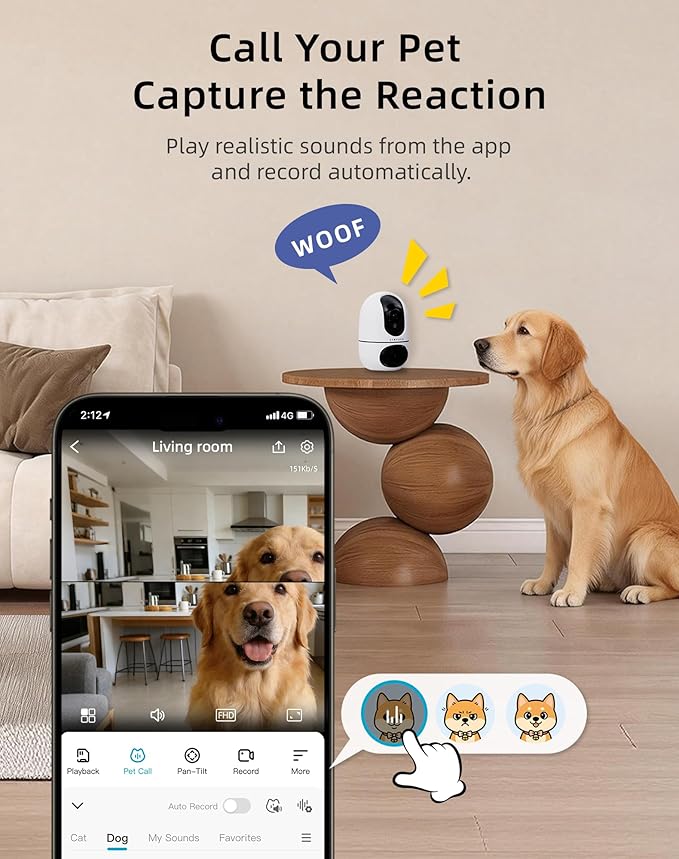 VIRTAVO Pet Camera Indoor for Dogs & Cats, 360° PTZ Pet Monitor with Motion Tracking, Dual‑Lens, 2‑Way Audio, Night Vision, No Subscription, Wi‑Fi 6 (2.4GHz/5GHz), SD & Cloud Storage