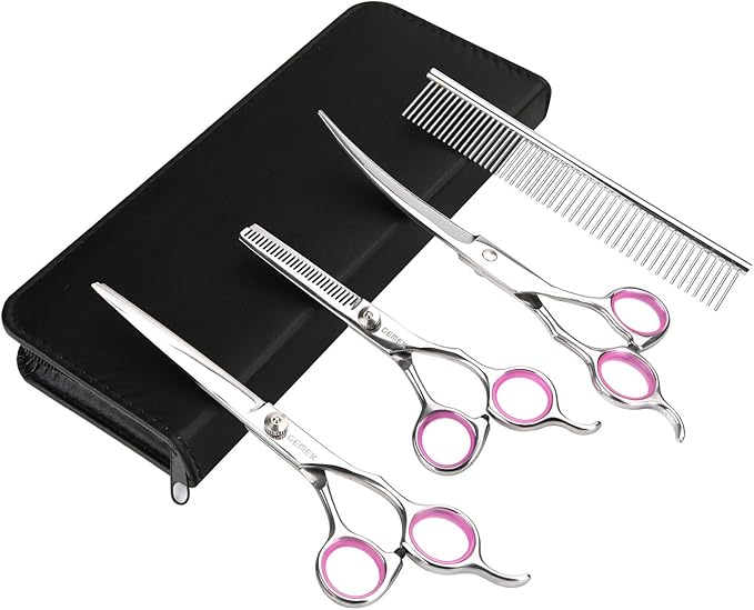 GEMEK Pet Cat Dog Grooming Scissors Set 4 Pieces Stainless Steel Professional Pet Trimmer Kit - 7.5 inch Straight Cutting, Thinning Shears, Curved, Grooming Combs
