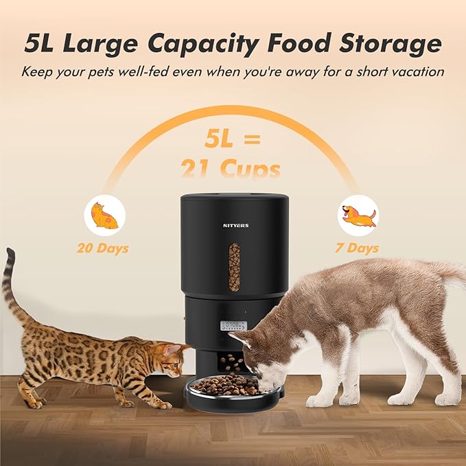 Automatic Cat Feeder - 5L Anti-Clog Cat Food Dispenser with Freshness Preservation, 1-6 Meals/Day, Programmable Portions, 10s Voice, 180-Day Battery Life, Auto Pet Feeder for Multi Cats and Dogs