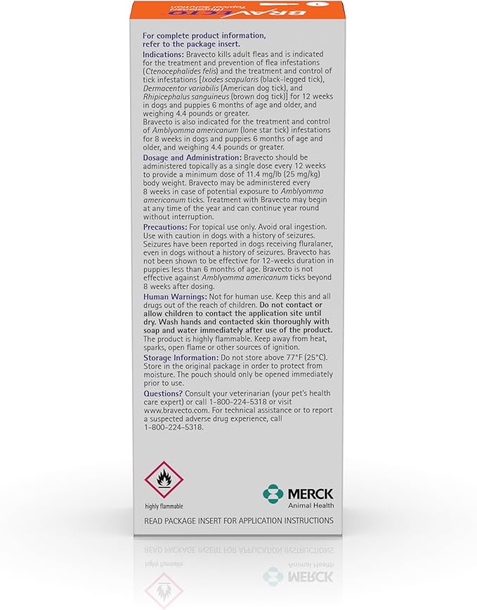 BRAVECTO Topical Solution for Dogs, Flea & Tick, 12 Week Supply, 9.9-22 lbs., Orange Box