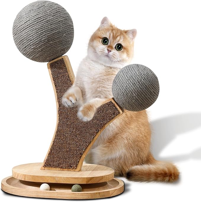 Tree-Shaped Cat Scratching Post with Vertical Cat Scratcher, Interactive Toy Balls, Handmade Cat Furniture with Natural Materials, Cute Kitten Scratch Post, Easy-to-Clean