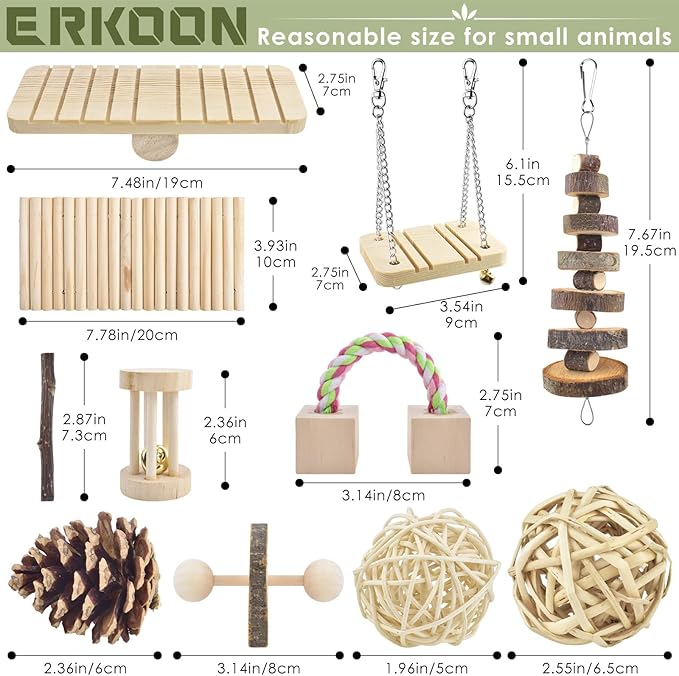 ERKOON New 12 Pack Hamster Chew Toys Gerbil Rat Guinea Pig Chinchilla Chew Toys Accessories, Natural Wooden Dumbbells Exercise Bell Roller Teeth Care Molar Toy for Rabbits Bird Rabbits Hamster Gerbil