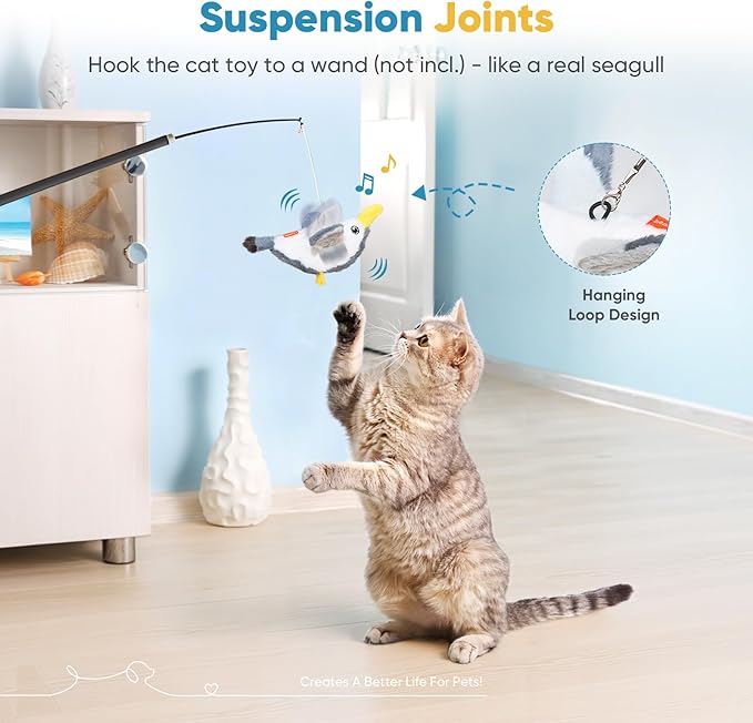 Petbobi Flapping Bird Cat Toys - Interactive Cat Toy with Flapping Wings(No-Flying) and Chirp Tweet, Rechargeable Motion-Activated Catnip Seagull Toys for All Breeds Kittens