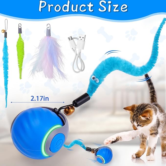 Interactive Cat Toy Ball - Motion-Activated, USB Rechargeable Cat Toys for Indoor Cats with Anti-Scratch Cover & 2 Changeable Tails - Enrichment Toy for Active Cats & Kittens