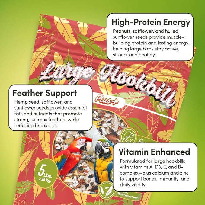 Mycelium Organic Large Hookbill Plus Bird Food (5 LB Bag) | Premium Daily Bird Seed for Macaws, Cockatoos, & Amazons | High-Protein, Vitamin-Fortified Skin & Feather Support | Non-GMO & USA-Made