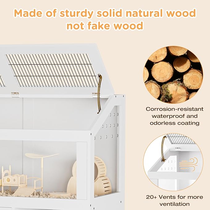 Hamster Cage, Large Hamster Cage with Storage Cabinet, Large Habitat with Easy View Acrylic Panels, Wooden Small Animal Cages for Guinea Pigs, Rabbits, Gerbils, Hedgehogs, White
