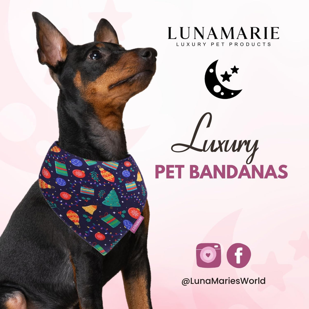 LunaMarie - Luxury Pet Birthday Bandanas -Premium & Silky Poly Fabric | 100% Handmade | Custom Shape Dual Layered (Christmas Tree, Large)