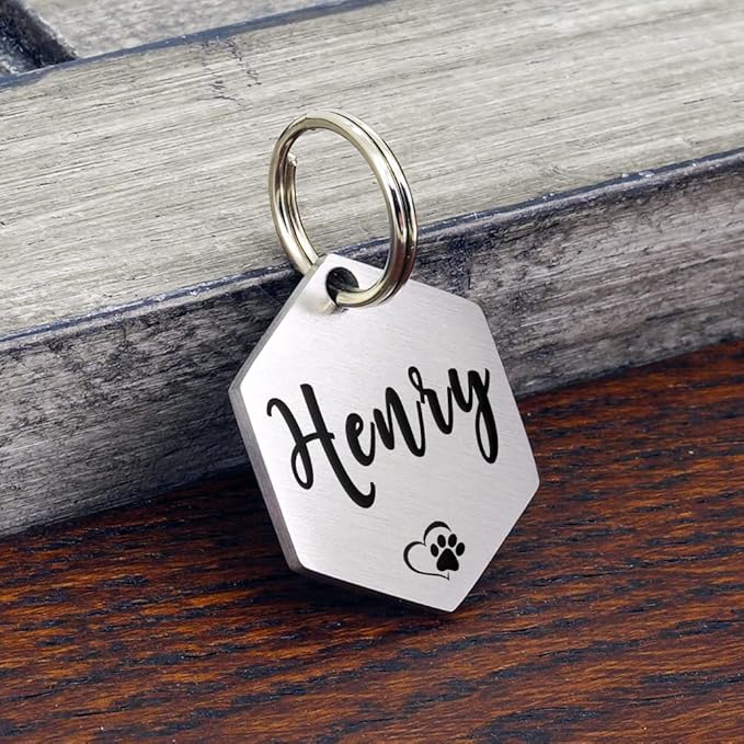 Ultra Joys Custom Personalized Hexagon Dog ID Tag - Brushed Stainless Steel Silver, Small