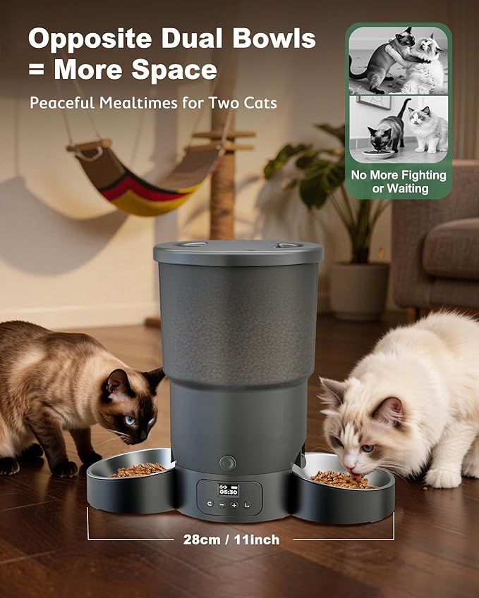 Gimars 5L Automatic Cat Feeder for 2 Cats, Programmable 1-6 Meals Cat Food Dispenser with Stainless Steel Bowl, Easy Setup, Dual Power Supply,10s Meal Call Timed Pet Feeder for Cats and Small Dogs