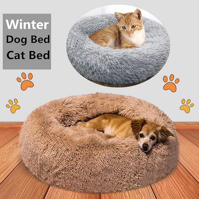 huraty Pet Dog Bed Plush Calming Bed, Fluffy Donut Round Pet Beds for Small Medium Large Dogs Cats, Anti-Slip & Anti-Anxiety, 28 Inch for Puppy and Kitties, White, L