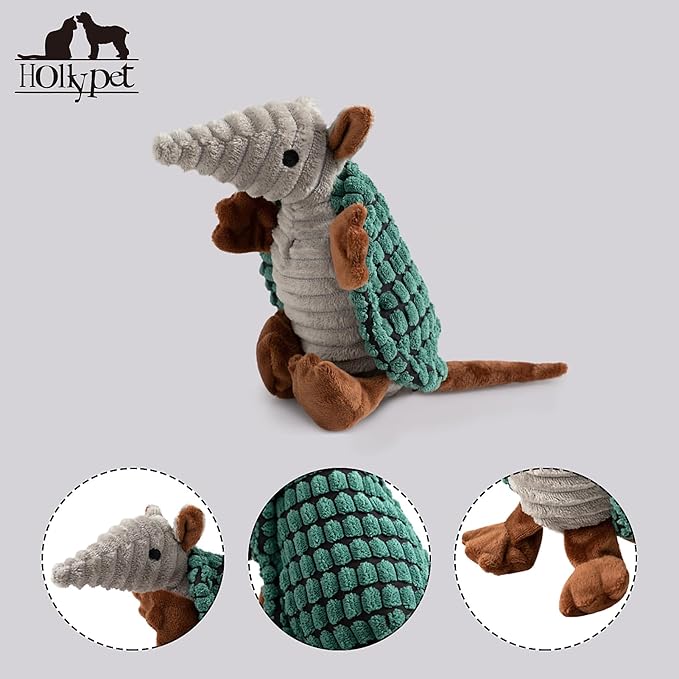 Hollypet Plush Dog Squeaky Toy Stuffed Armadillo Animal Pet Puppy Chew Toys with Clean Teeth for Small Medium Large All Breed Sizes Dogs, Deep Green,8 in
