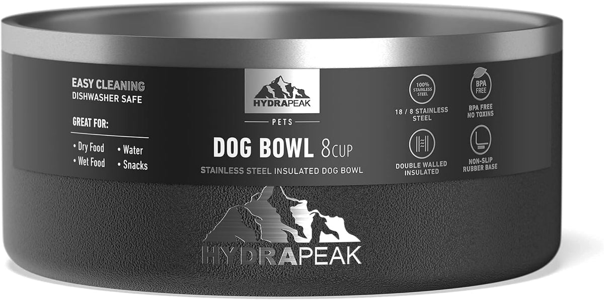 Hydrapeak Dog Bowl; Non Slip Stainless Steel; Water and Food Dish; Large Sized and Small Dogs; 32oz 64oz; Multiple Sizes | 8 Cup | Black