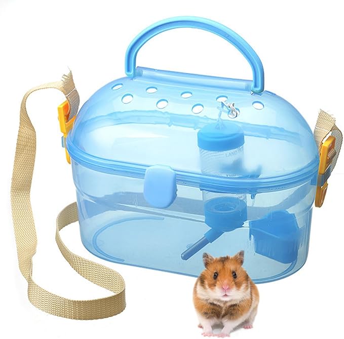 Portable Hamster Cage Syrian Hamster Carry Travel Cage with Water Bottle Food Bowl Adjustable Strap Pet Outgoing Cages for Gerbil Squirrel Guinea Pig Hedgehog Chinchilla
