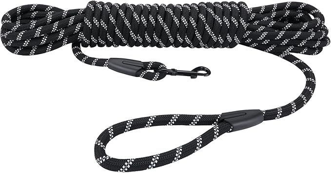 Long Dog Leash for Training 20Ft-Reflective Nylon Rope with Swivel Hook-Recall Agility Lead for Large Small Medium Dogs Outside Walking Hiking-Black Diam 1/2"