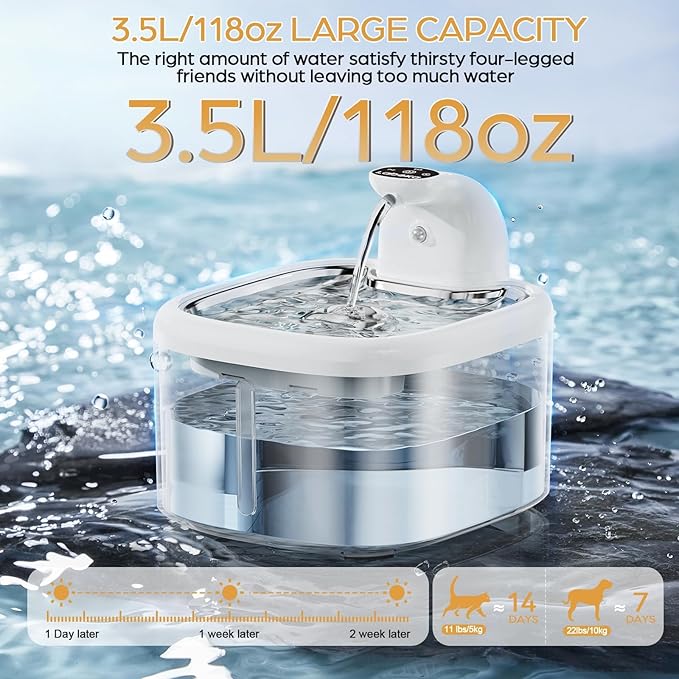 Wireless Cat Water Fountain, 118oz/3.5L Battery Operated Cat Fountain with Stainless Steel Tray, Ultra Quiet with Motion Sensor Automatic Pet Water Dispenser for Cats Dogs Multiple Pets