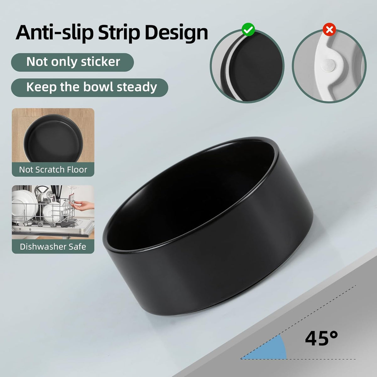 Ceramic Dog Bowl, Food and Water Bowl for Medium Breed Dog, Pet Bowl for Replacement (7.3 inch, Single Bowl, Black)