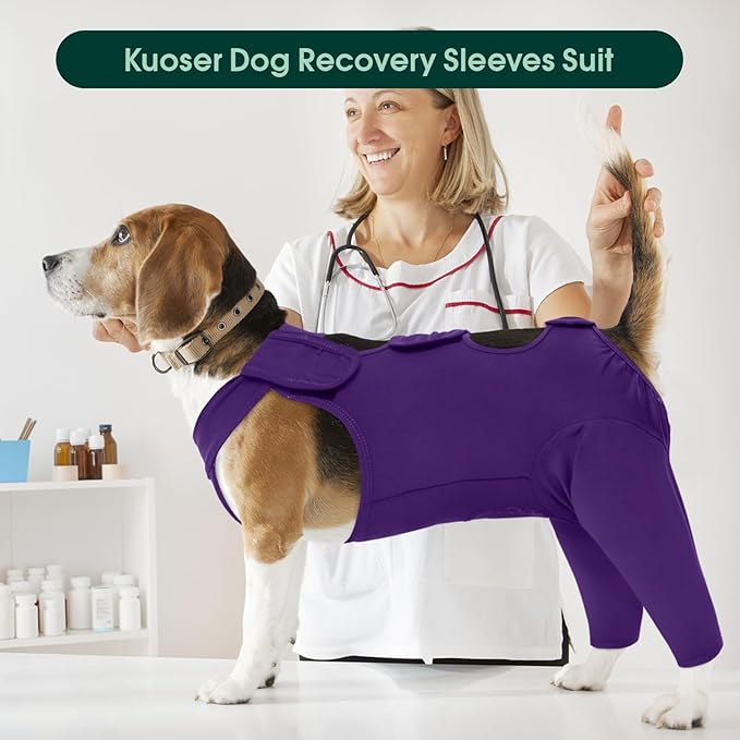 Kuoser Dog Recovery Suit for Rear Legs, Thigh Wound Protective Sleeve for Dogs, Dog Recovery Sleeve for Female Male Dogs, Dog Onesie After Surgery Pet Surgical Suit for Spay Neuter, Purple M