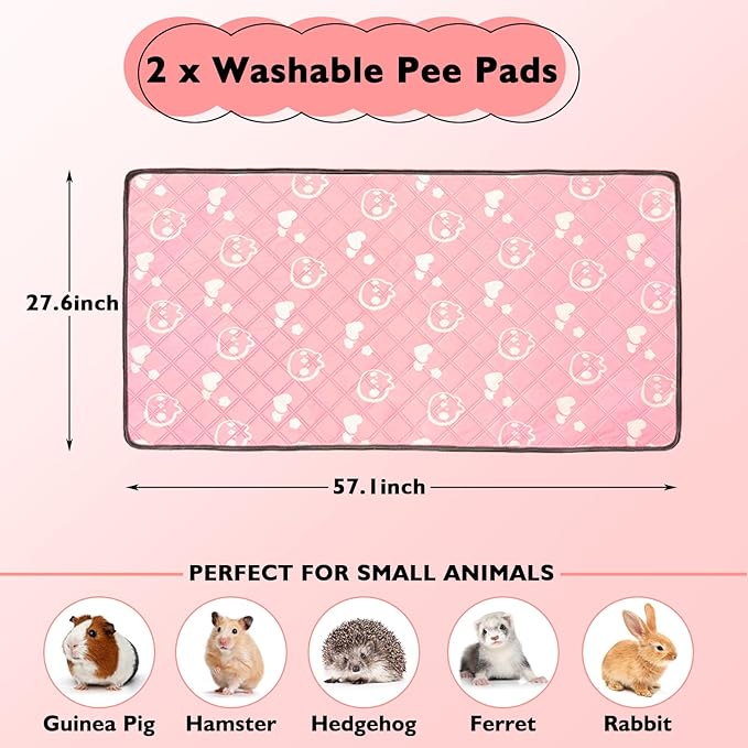 2 Pack Guinea Pig Bedding - Washable Guinea Pig Liners for C&C 2x4 Cage, Waterproof Reusable & Anti Slip Pee Pads Super Absorbent Mats for Small Animals Rabbit Hamster Rat (Pink, 57 x 28 Inch)