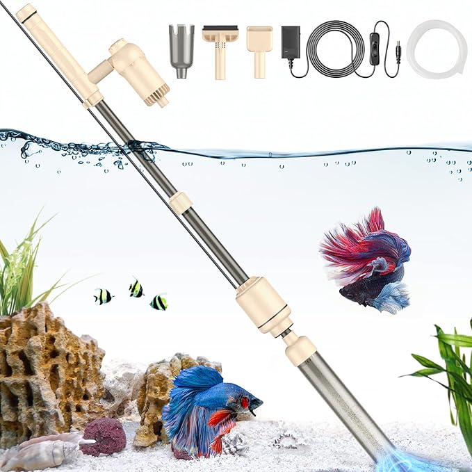 AKKEE Aquarium Vacuum Gravel Cleaner: 18W Gravel Vacuum for Fish Tank with Strong Suction for Automatic Change Water, Remove Dirt Wash Sand Water Shower and Water Circulation, Beige
