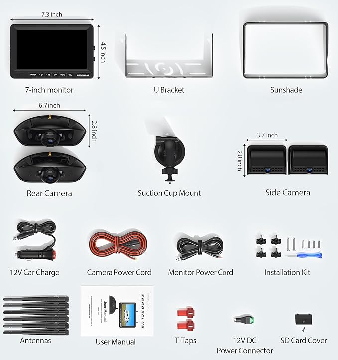 4 Cameras Wireless RV Backup System with 7-Inch Monitor, 2 Rear Sharkfin 2 Side Cameras, IR Night Vision, IP69k Waterproof Recording, Compatible with Furrion Pre-Wired RV Truck Trailer BW4