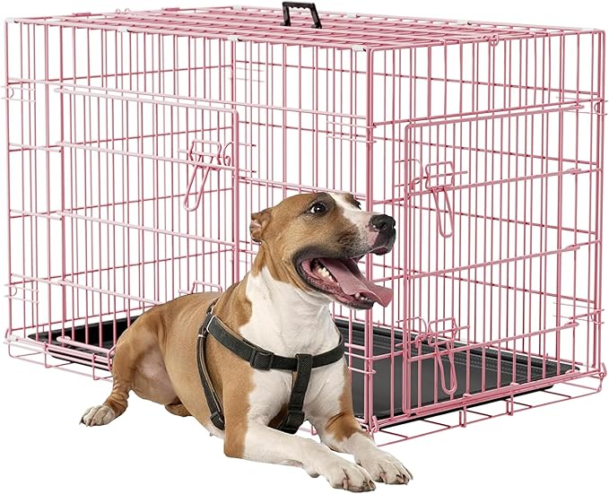 FDW Dog Crate 36inch Dog Cage Foldable Metal Kennel with Leakproof Tray Foldable Design Indoor Outdoor Use for Medium Dogs,Pink