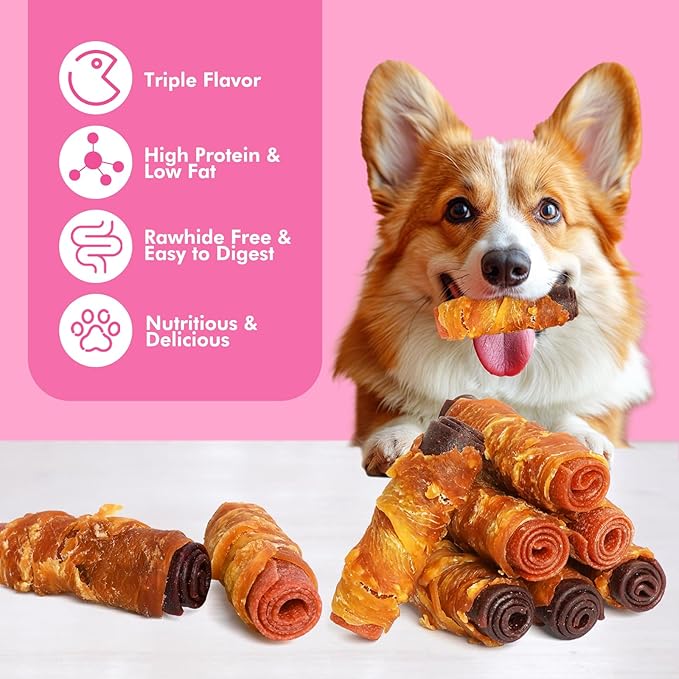 Dog Treats, Triple Flavor Chicken Duck Beef Meat Rolls, Rawhide Free Dog Snacks, Soft Treats for Small Dogs, 13.23 oz