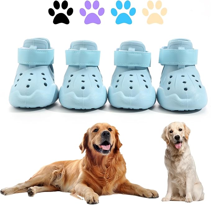 Dog Shoes, Dog Sandals for Hot Pavement, Non-Slip Waterproof Dog Booties for Winter Snowy Day and Summer, Adjustable Straps Easy-Clean Beach Outdoor Pet Boots Rugged Sole-4Pcs Blue