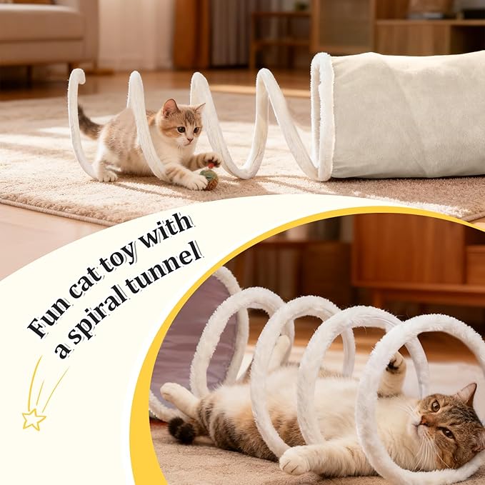 Ownpets 2-in-1 Cat Tunnel, Large Lollipop Shape Cat Tunnel Toy with Fluffy Balls, Spiral Toy, Plush Collapsible Cat Cave Hideout Donut Tunnel for Multi Kitten Puppy Rabbit, Beige