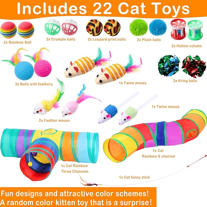 Wettarn 22 Pieces Cat Toys Set, with 2 Collapsible Tunnels for Indoor Cats and 20 Kitten Toys Tubes and Tunnels Interactive Feather Mouse Crinkle Balls for Pets Puppies(Colorful)