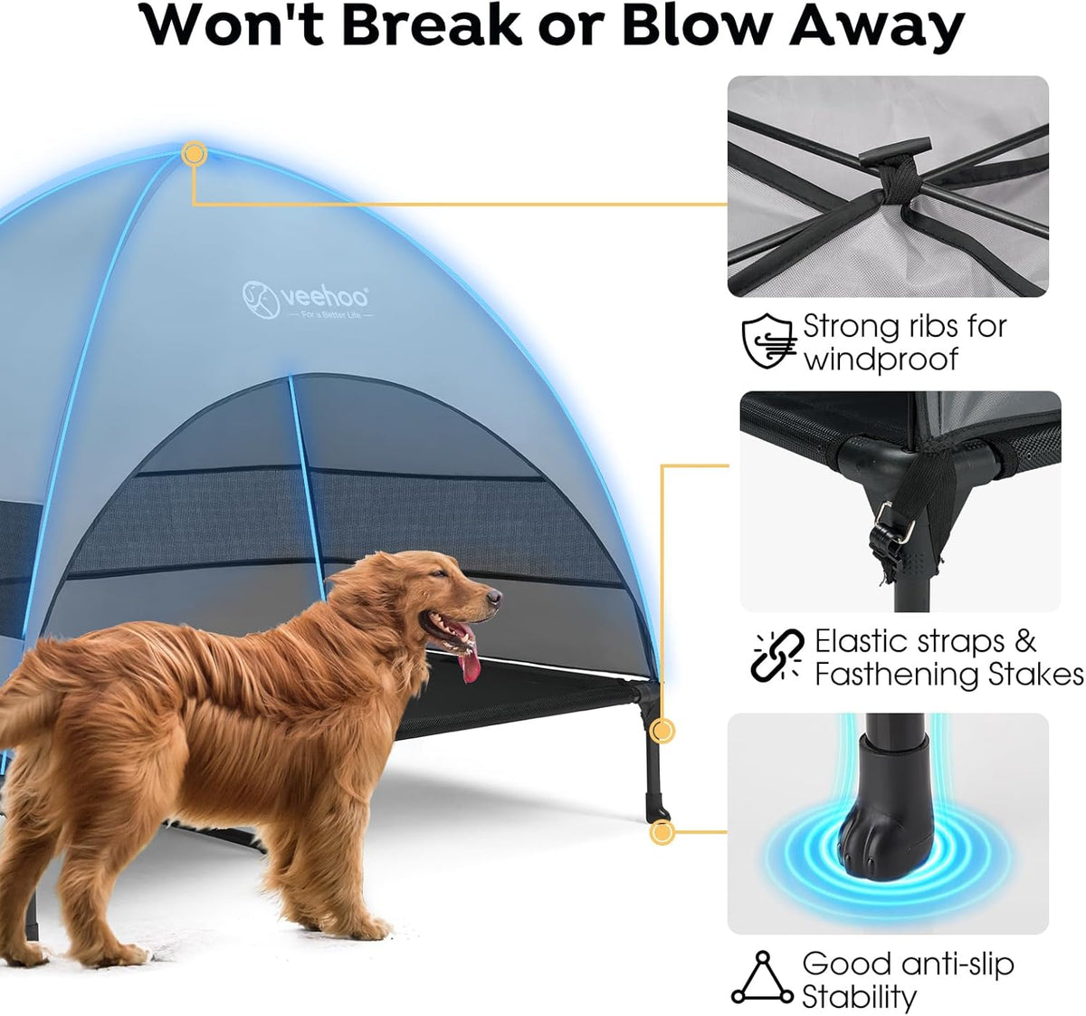 Veehoo Outdoor Dog Bed with Canopy, Cooling Elevated Pet Cot with Removable Shade, Non-Slip Feet, Raised Dog Cot for Large Dogs, Pet Tent Bed for Camping, Beach, XLarge, Black + Grey, CWC2411