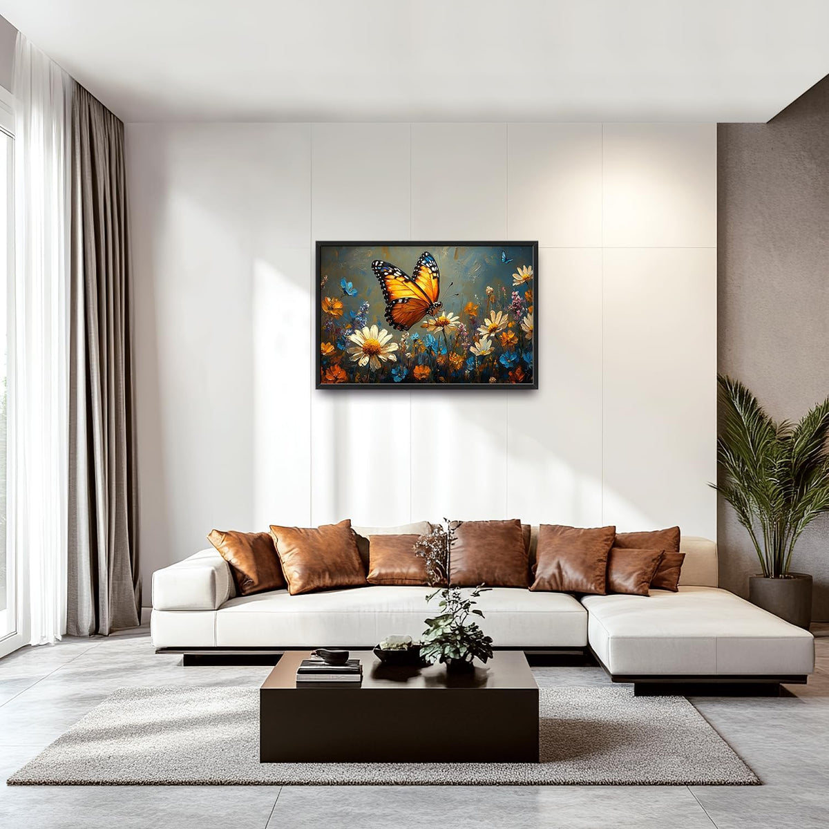 Large Butterfly Daisy Wall Art for Living Room, Floral Landscape Canvas Oversized Wall Decor, Flower Scenery Aesthetics Framed Pictures Painting Print Artwork for Bedroom Office 36"L x 24"W
